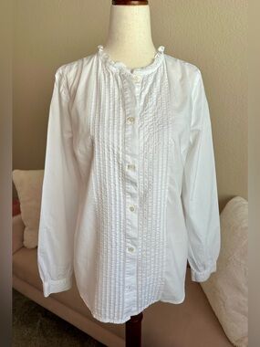J.Crew Pintuck Button Up Shirt White Cotton Tuxedo Style Ruffle Neck Women’s S